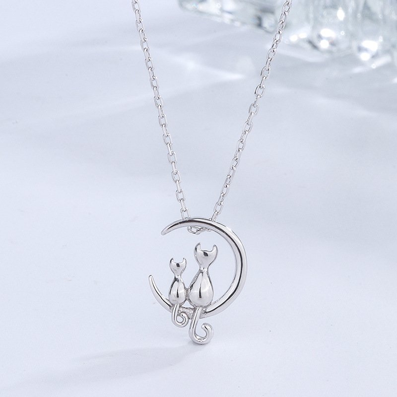 999 sterling silver moon cat necklace simple personality autumn and winter sweater chain Halloween gift