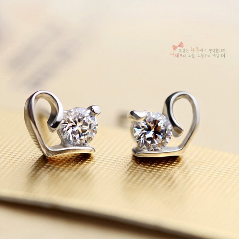 Heart Ruo Silver Needle Stud Earrings Fashion Love Diamond Earrings Silver Jewelry