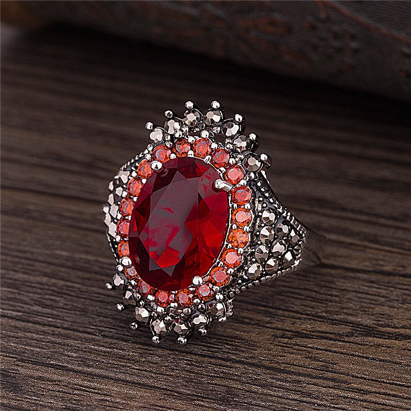 Vintage Thai silver big gem ring ring red pomegranate jewelry exaggerated black mine ring opening adjustable ring