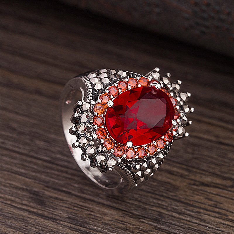 Vintage Thai silver big gem ring ring red pomegranate jewelry exaggerated black mine ring opening adjustable ring