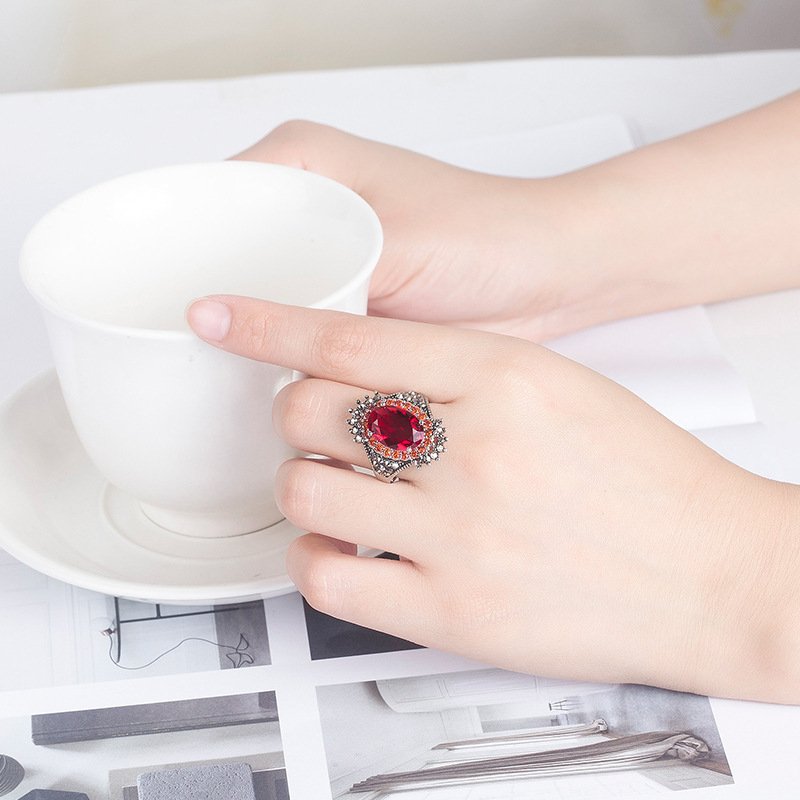 Vintage Thai silver big gem ring ring red pomegranate jewelry exaggerated black mine ring opening adjustable ring