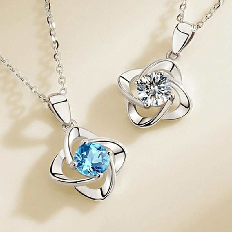 925 Silver Topaz Necklace Square Lucky Four Leaf Clover Pendant Clavicle Fashion Pendant Necklace