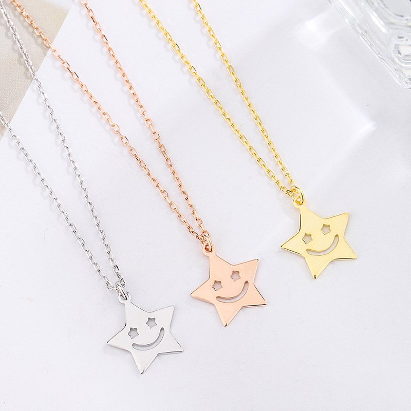 Autumn and winter new s999 sterling silver star necklace women with five-pointed star pendant smiley face necklace